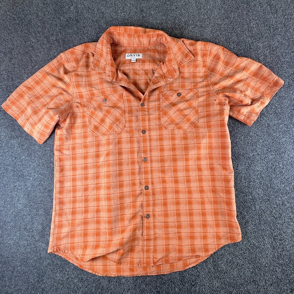 Orvis Classic Collection Shirt Mens Large Orange Plaid Short Sleeve Button Up